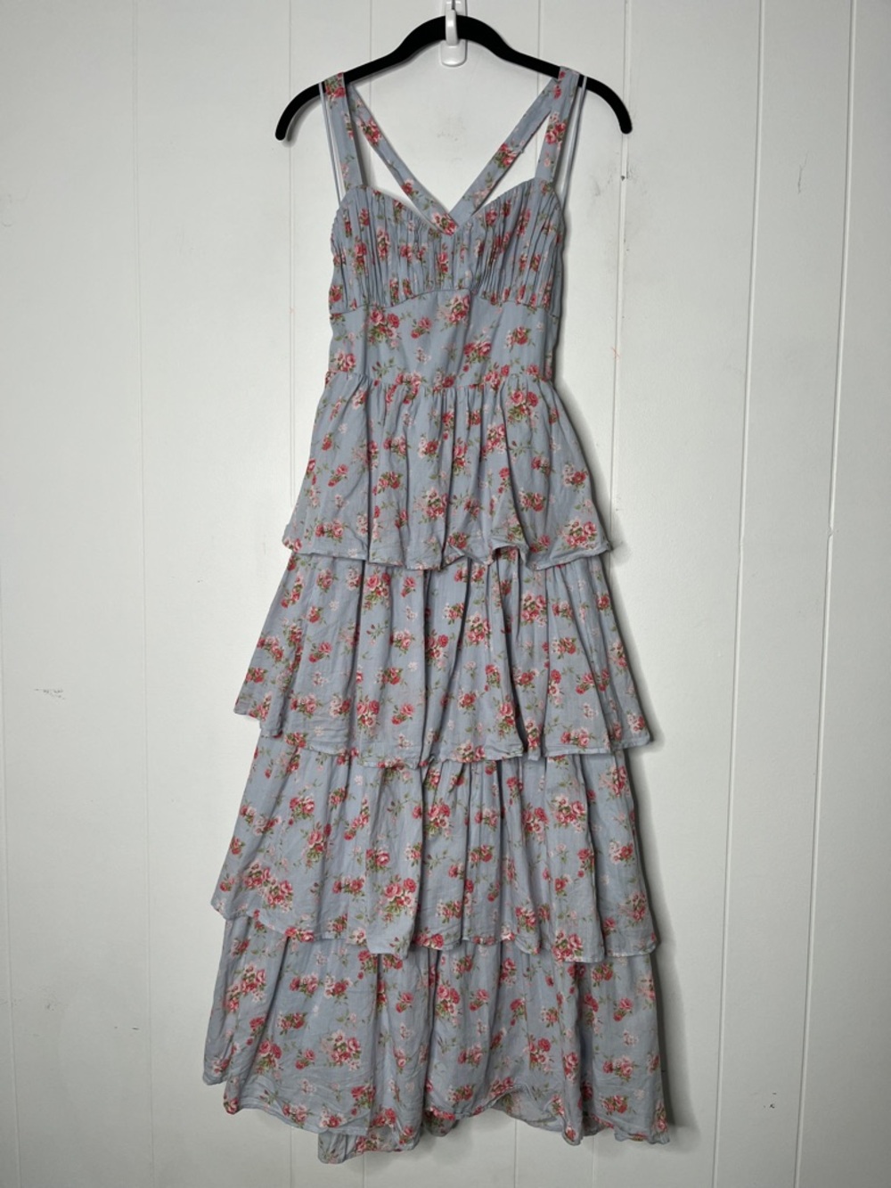 Abercrombie & Fitch Light Blue Floral Tiered Maxi Dress Lace-Up Back - Picture 1 of 9